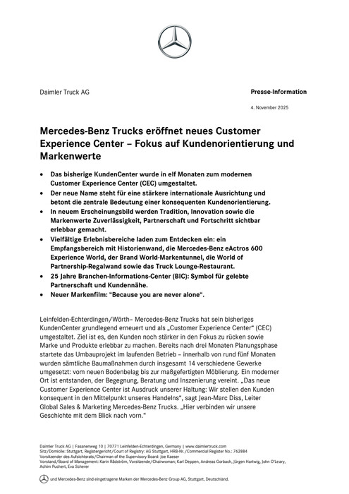 Mercedes-Benz Trucks eröffnet neues Customer Experience Center – Fokus auf Kundenorientierung und Markenwerte