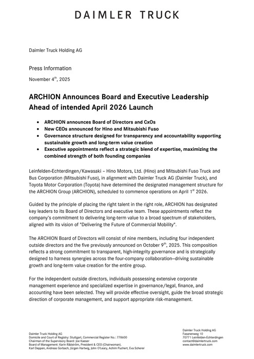 ARCHION Announces Board and Executive Leadership Ahead of intended April 2026 Launch