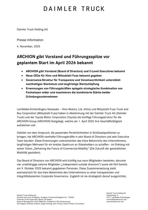 ARCHION gibt Vorstand und Führungsspitze vor geplantem Start im April 2026 bekannt