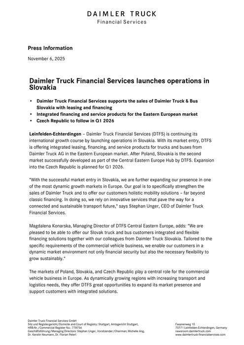 Daimler Truck Financial Services launches operations in Slovakia
