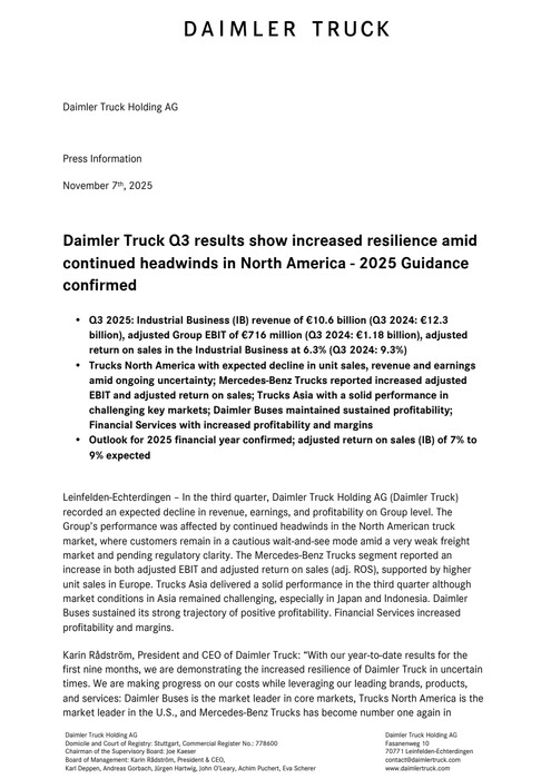 Daimler Truck Q3 results show increased resilience amid continued headwinds in North America - 2025 Guidance confirmed