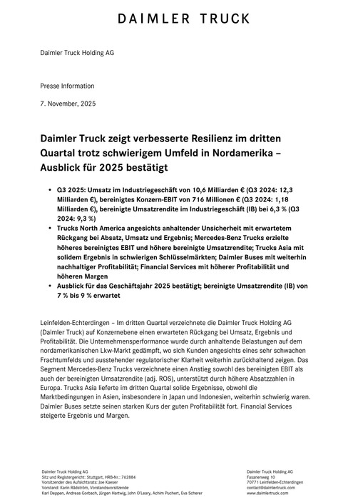 Daimler Truck zeigt verbesserte Resilienz im dritten Quartal trotz schwierigem Umfeld in Nordamerika –  Ausblick für 2025 bestätigt