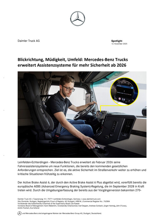 Blickrichtung, Müdigkeit, Umfeld: Mercedes-Benz Trucks erweitert Assistenzsysteme für mehr Sicherheit ab 2026