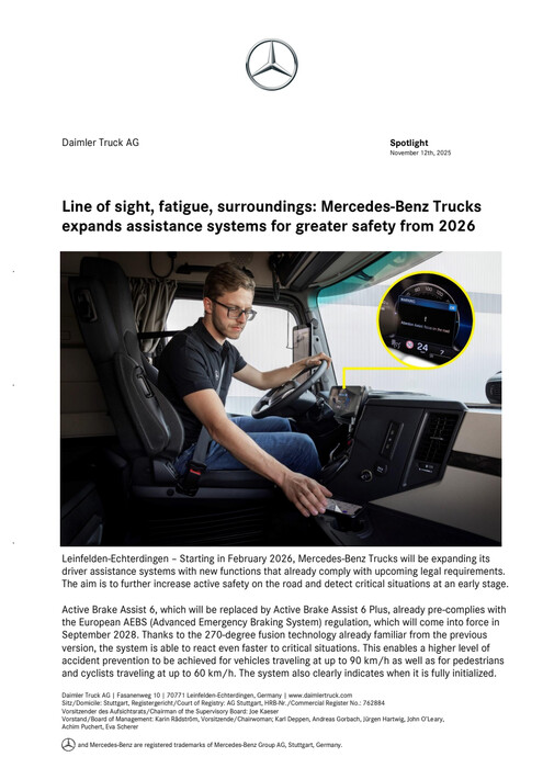 Line of sight, fatigue, surroundings: Mercedes-Benz Trucks expands assistance systems for greater safety from 2026