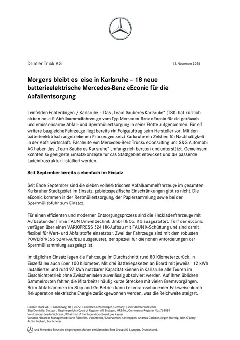Morgens bleibt es leise in Karlsruhe – 18 neue batterieelektrische Mercedes-Benz eEconic für die Abfallentsorgung