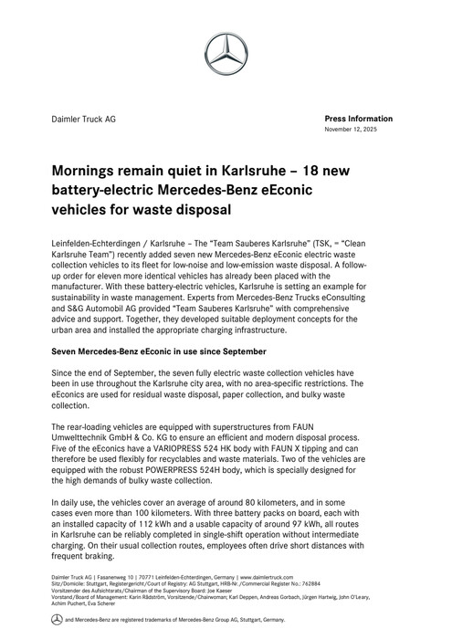 Mornings remain quiet in Karlsruhe – 18 new battery-electric Mercedes-Benz eEconic vehicles for waste disposal