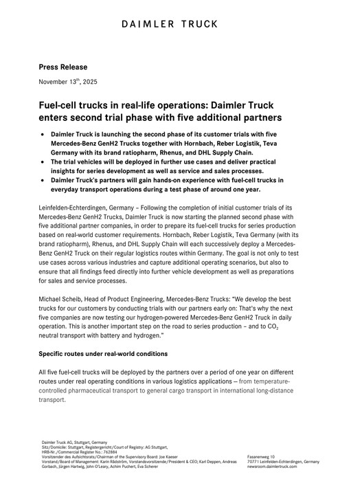 Fuel-cell trucks in logistics: Daimler Truck enters second trial phase with five additional partners