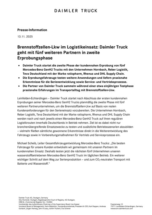 Brennstoffzellen-Lkw im Logistikeinsatz: Daimler Truck geht mit fünf weiteren Partnern in zweite Erprobungsphase