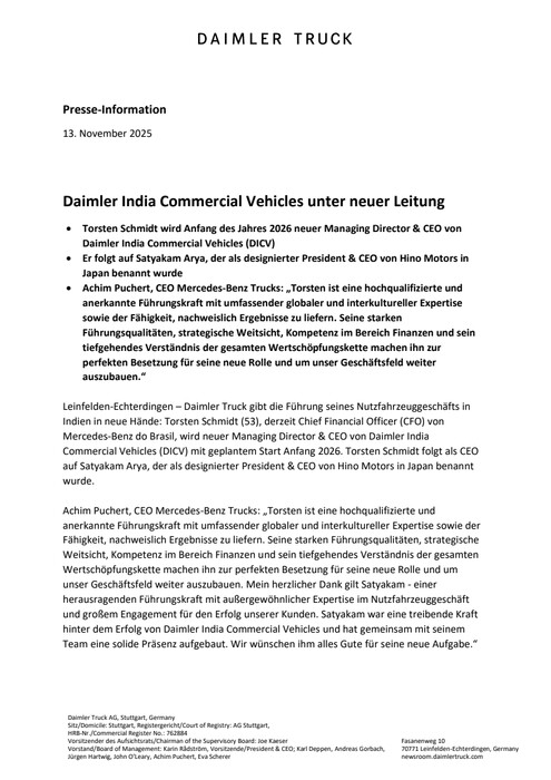 Daimler India Commercial Vehicles unter neuer Leitung
