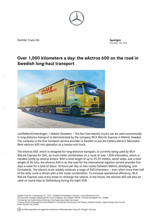 Over 1,000 kilometers a day: the eActros 600 on the road in Swedish long-haul transport