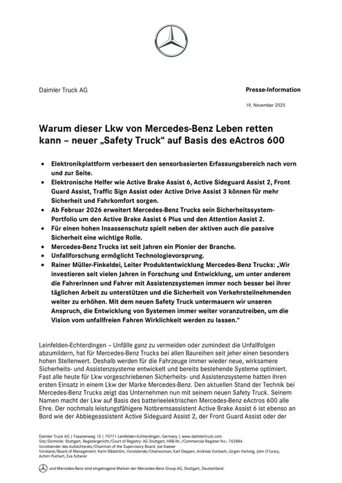 Warum dieser Lkw von Mercedes-Benz Leben retten kann – neuer „Safety Truck“ auf Basis des eActros 600