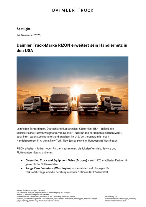 Daimler Truck-Marke RIZON erweitert sein Händlernetz in den USA