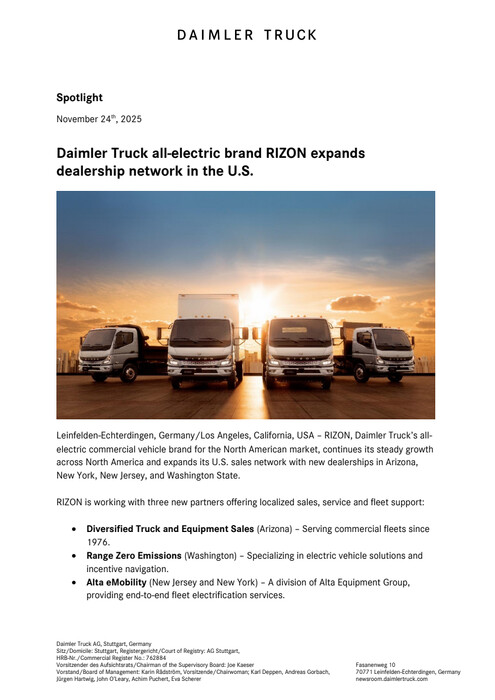 Daimler Truck all-electric brand RIZON expands dealership network in the U.S.