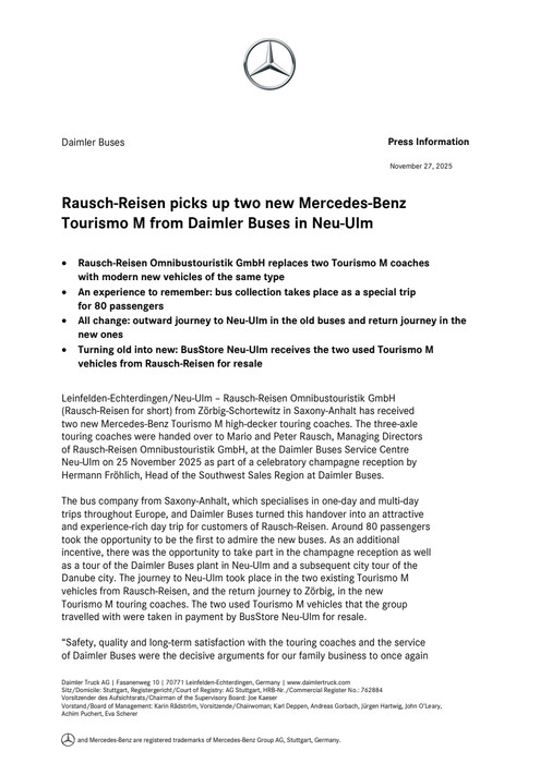 Rausch-Reisen picks up two new Mercedes-Benz Tourismo M from Daimler Buses in Neu-Ulm
