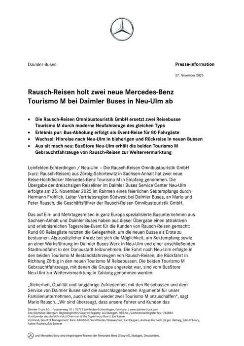 Rausch-Reisen holt zwei neue Mercedes-Benz Tourismo M bei Daimler Buses in Neu-Ulm ab
