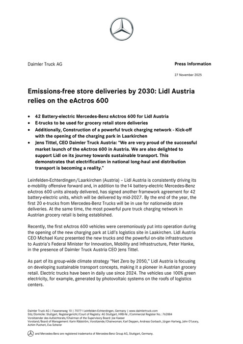 Emissions-free store deliveries by 2030: Lidl Austria relies on the eActros 600