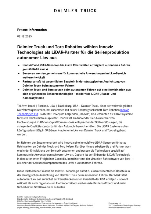Daimler Truck und Torc Robotics wählen Innoviz Technologies als LiDAR-Partner für die Serienproduktion autonomer Lkw aus