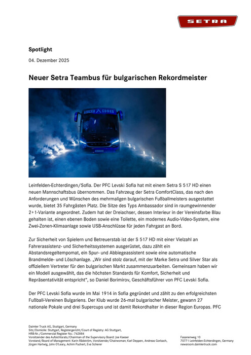 Neuer Setra Teambus für bulgarischen Rekordmeister