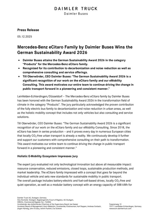 Mercedes-Benz eCitaro Family by Daimler Buses Wins the German Sustainability Award 2026