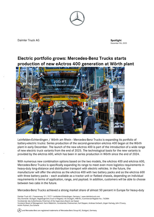 Electric portfolio grows: Mercedes-Benz Trucks starts production of new eActros 400 generation at Wörth plant