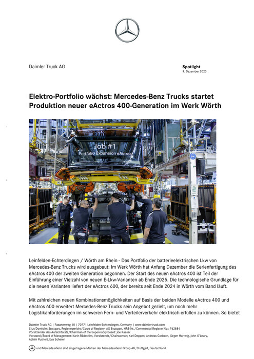 Elektro-Portfolio wächst: Mercedes-Benz Trucks startet Produktion neuer eActros 400-Generation im Werk Wörth