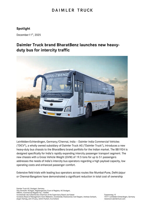 Daimler Truck brand BharatBenz launches new heavy-duty bus for intercity traffic