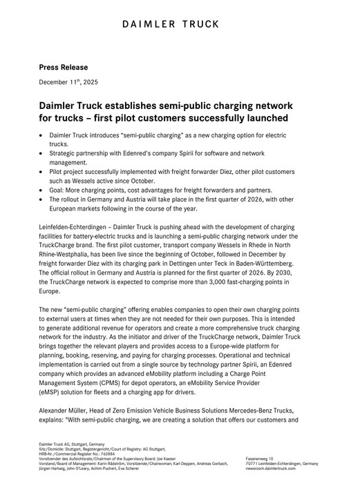Daimler Truck establishes semi-public charging network for trucks – first pilot customers successfully launched