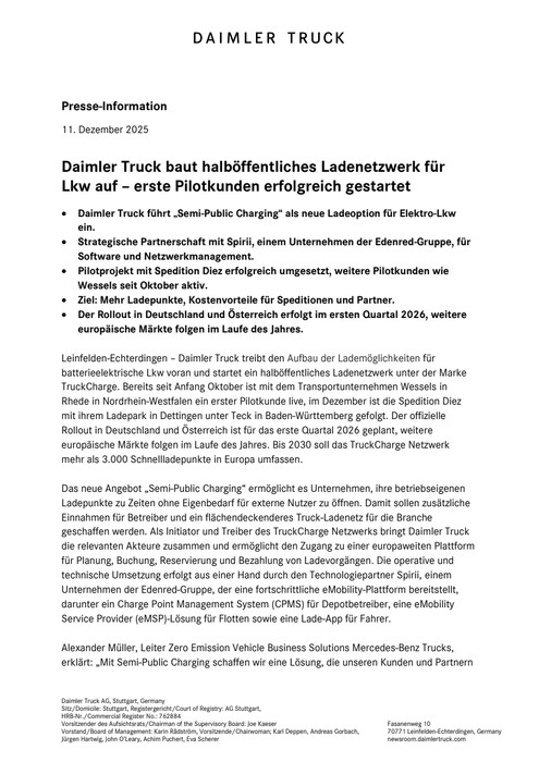 Daimler Truck baut halböffentliches Ladenetzwerk für Lkw auf – erste Pilotkunden erfolgreich gestartet