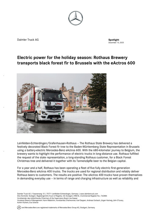 Electric power for the holiday season: Rothaus Brewery transports black forest fir to Brussels with the eActros 600