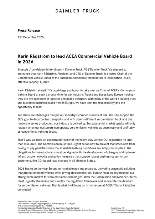 Karin Rådström to lead ACEA Commercial Vehicle Board in 2026