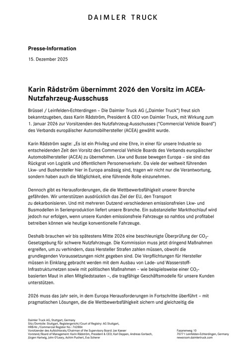 Karin Rådström übernimmt 2026 den Vorsitz im ACEA-Nutzfahrzeug-Ausschuss