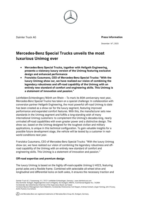 Mercedes-Benz Special Trucks unveils the most luxurious Unimog ever