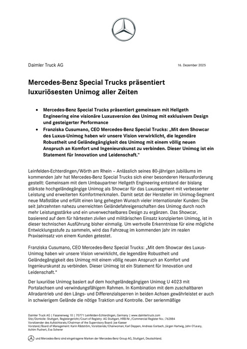 Mercedes-Benz Special Trucks präsentiert luxuriösesten Unimog aller Zeiten