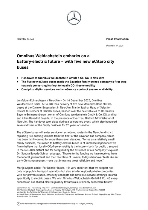 Omnibus Weidachstein embarks on a battery electric future – with five new eCitaro city buses