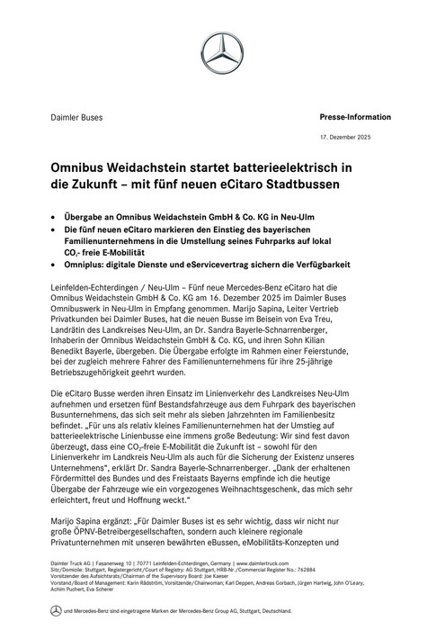 Omnibus Weidachstein startet batterieelektrisch in die Zukunft – mit fünf neuen eCitaro Stadtbussen