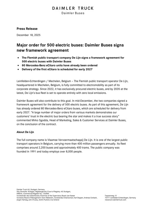 Major order for 500 electric buses: Daimler Buses signs new framework agreement
