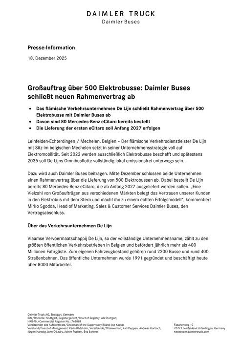 Großauftrag über 500 Elektrobusse: Daimler Buses schließt neuen Rahmenvertrag ab