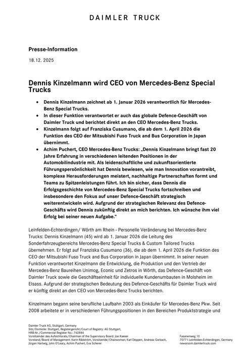 Dennis Kinzelmann wird CEO von Mercedes-Benz Special Trucks