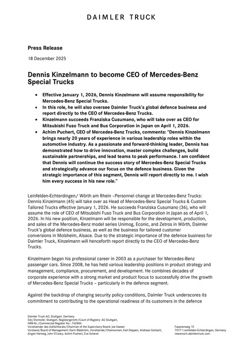 Dennis Kinzelmann to become CEO of Mercedes-Benz Special Trucks