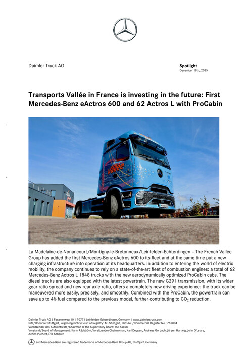 Transports Vallée in France is investing in the future: First Mercedes-Benz eActros 600 and 62 Actros L with ProCabin