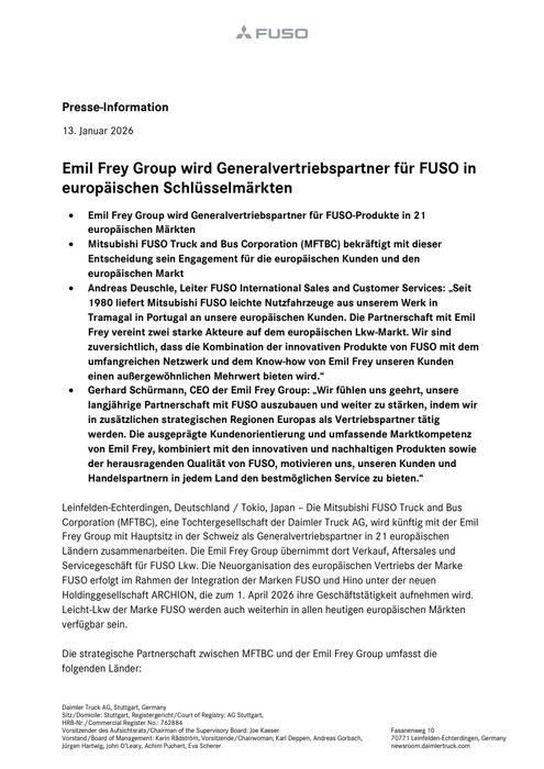 Emil Frey Group wird Generalvertriebspartner für FUSO in europäischen Schlüsselmärkten
