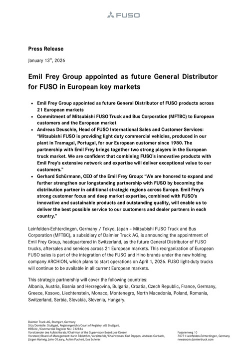 Emil Frey Group appointed as future General Distributor for FUSO in European key markets