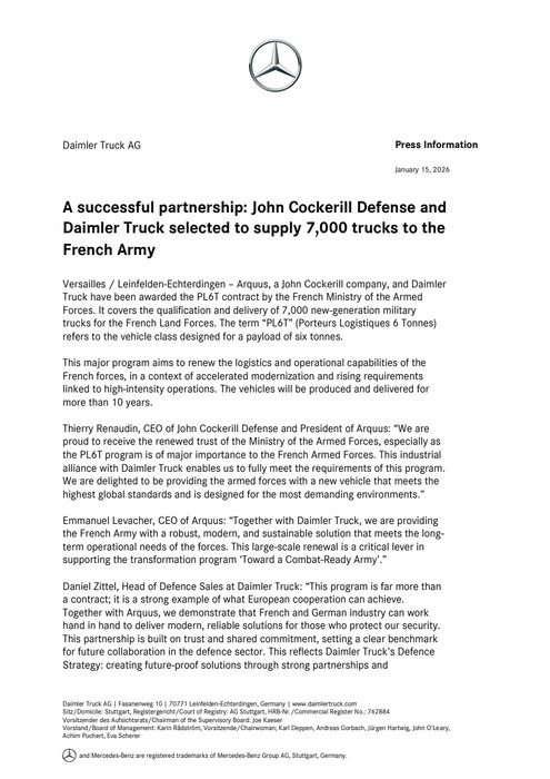 A successful partnership: John Cockerill Defense and Daimler Truck selected to supply 7,000 trucks to the French Army