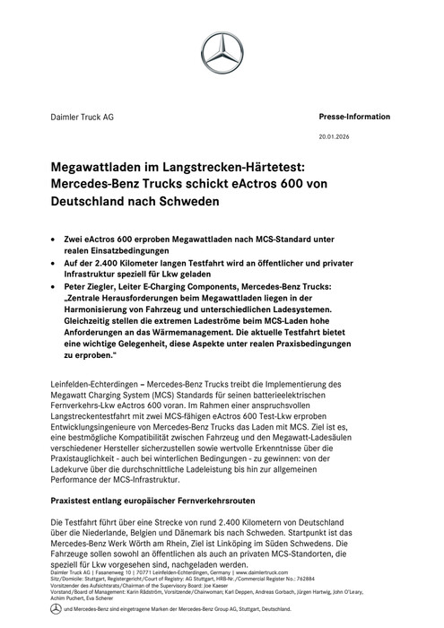 Megawattladen im Langstrecken Härtetest: Mercedes Benz Trucks schickt eActros 600 von Deutschland nach Schweden