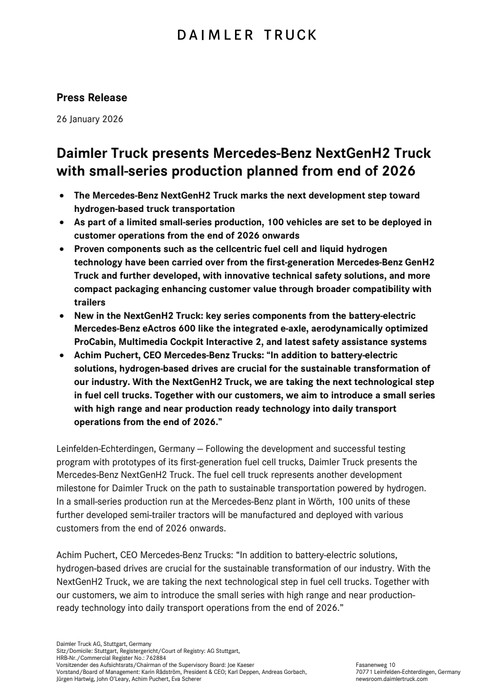 Daimler Truck presents Mercedes-Benz NextGenH2 Truck with small-series production planned from end of 2026