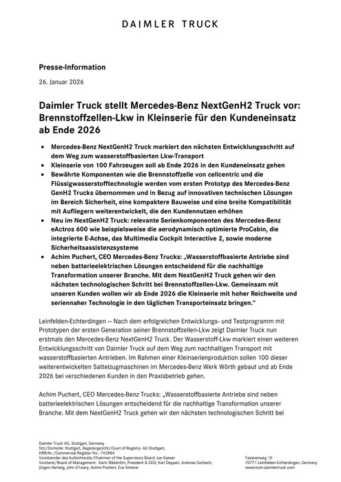 Daimler Truck stellt Mercedes-Benz NextGenH2 Truck vor: Brennstoffzellen-Lkw in Kleinserie für den Kundeneinsatz ab Ende 2026