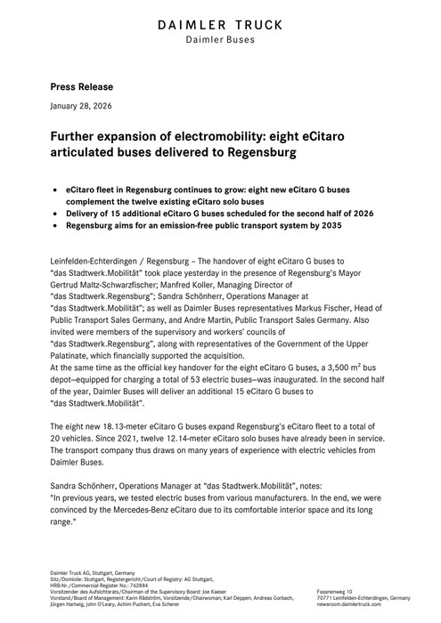 Further expansion of electromobility: eight eCitaro articulated buses delivered to Regensburg