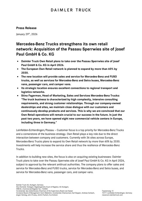 Mercedes-Benz Trucks strengthens its own retail network: Acquisition of the Passau Sperrwies site of Josef Paul GmbH & Co. KG