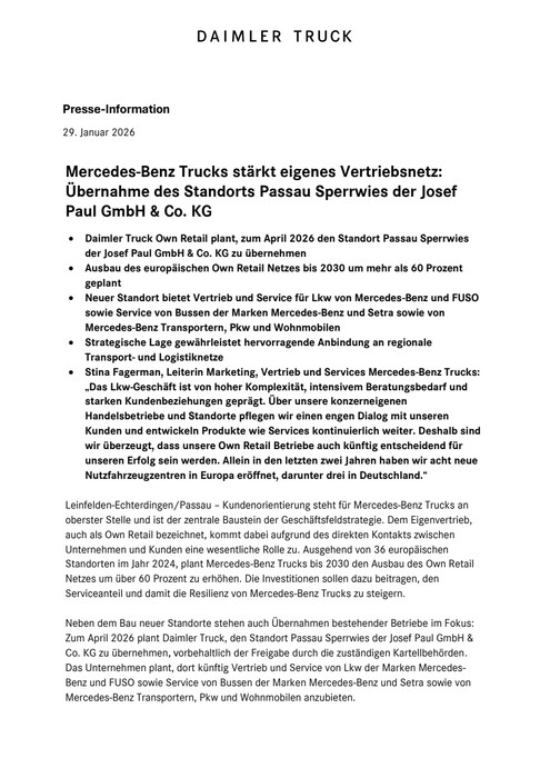 Mercedes-Benz Trucks stärkt eigenes Vertriebsnetz: Übernahme des Standorts Passau Sperrwies der Josef Paul GmbH & Co. KG