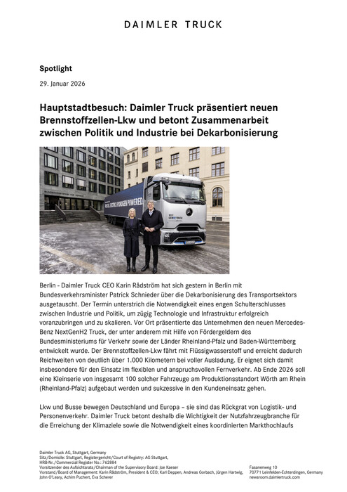 Hauptstadtbesuch: Daimler Truck präsentiert neuen Brennstoffzellen-Lkw und betont Zusammenarbeit zwischen Politik und Industrie bei Dekarbonisierung